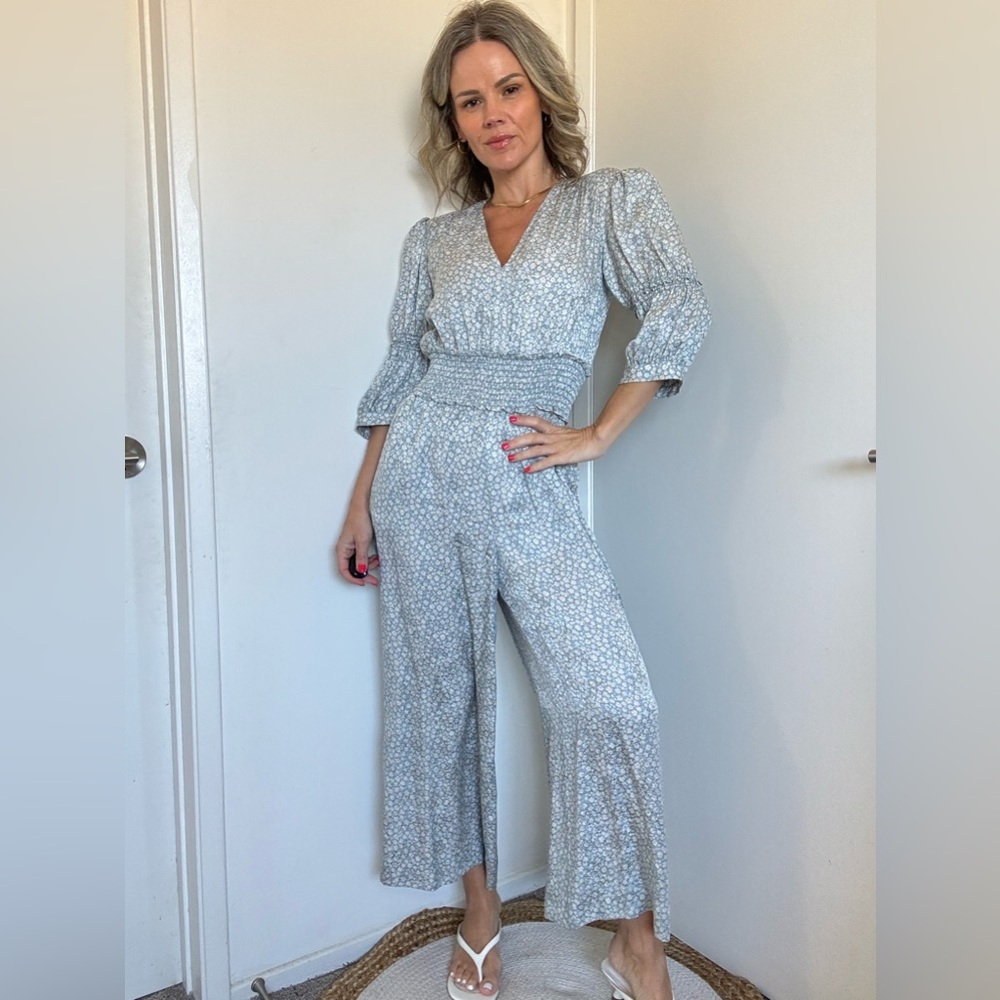 Rebecca Taylor Lauren Floral Silk Jacquard Jumpsuit in Blueberry Combo